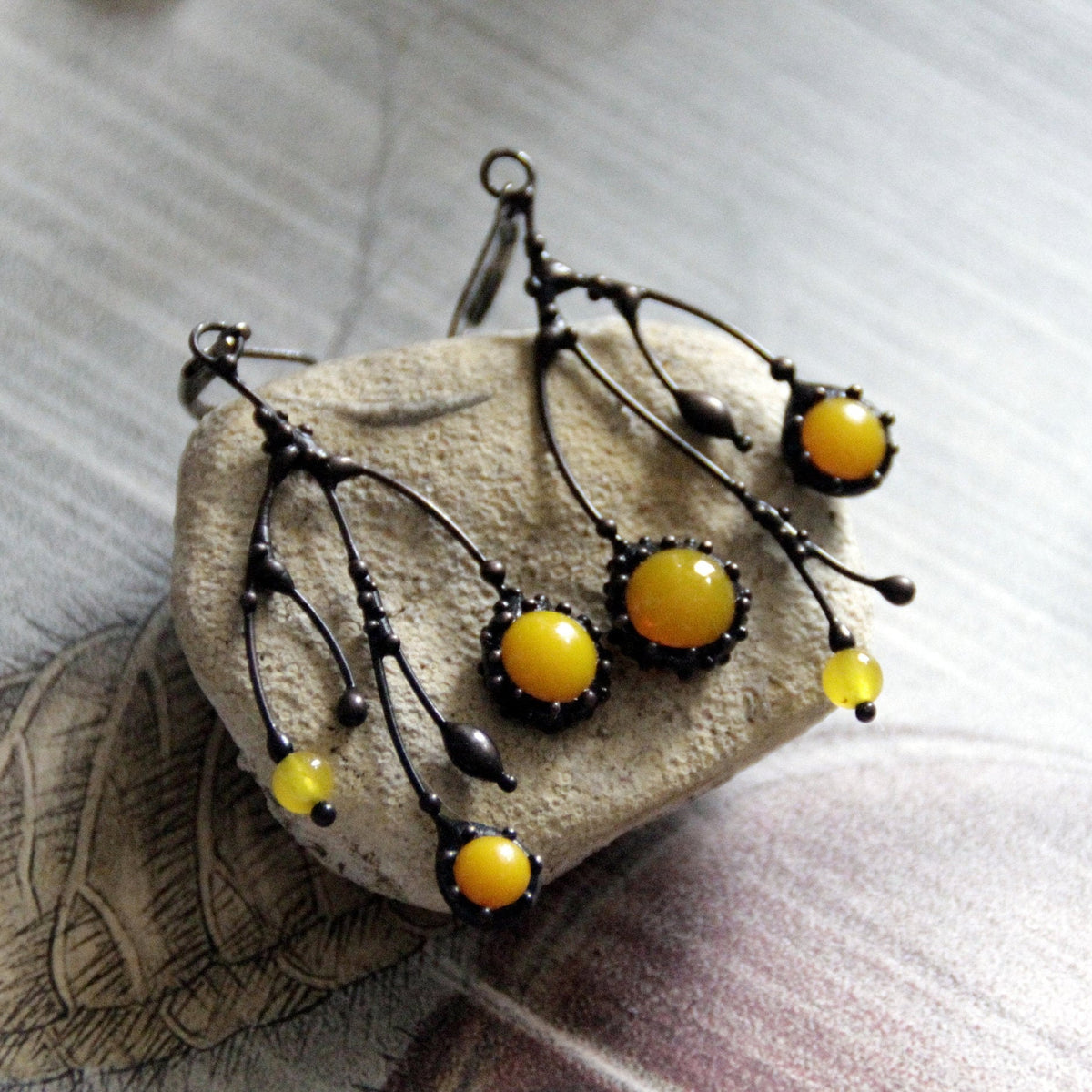 Yellow Glass Asymmetrical Branch Earrings – Blackened Copper