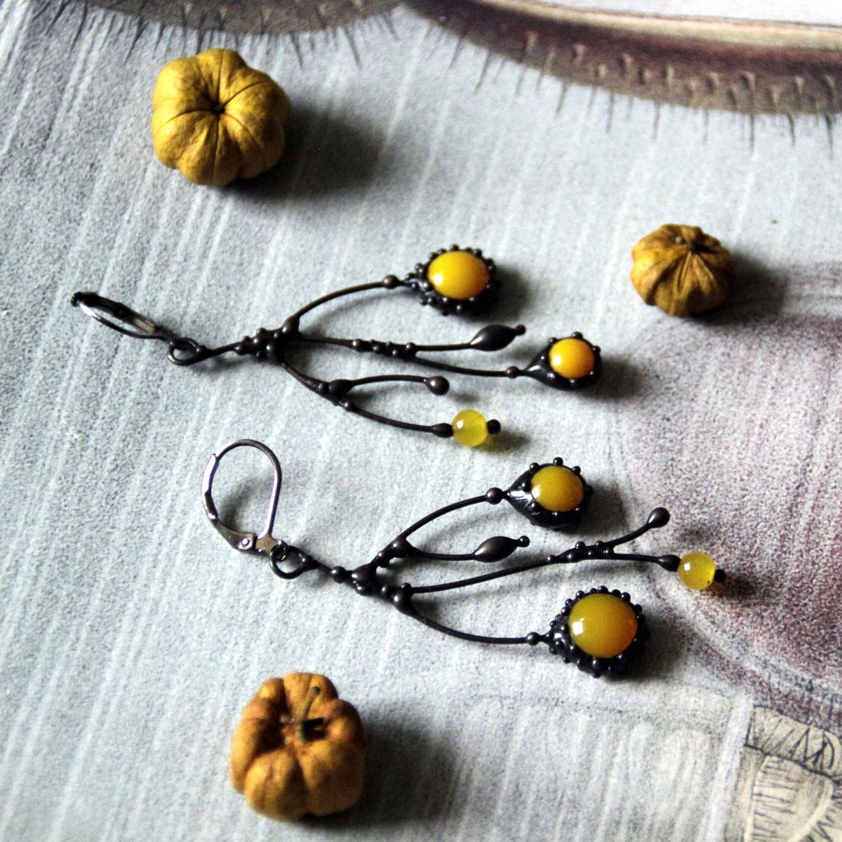 Yellow Glass Asymmetrical Branch Earrings – Blackened Copper
