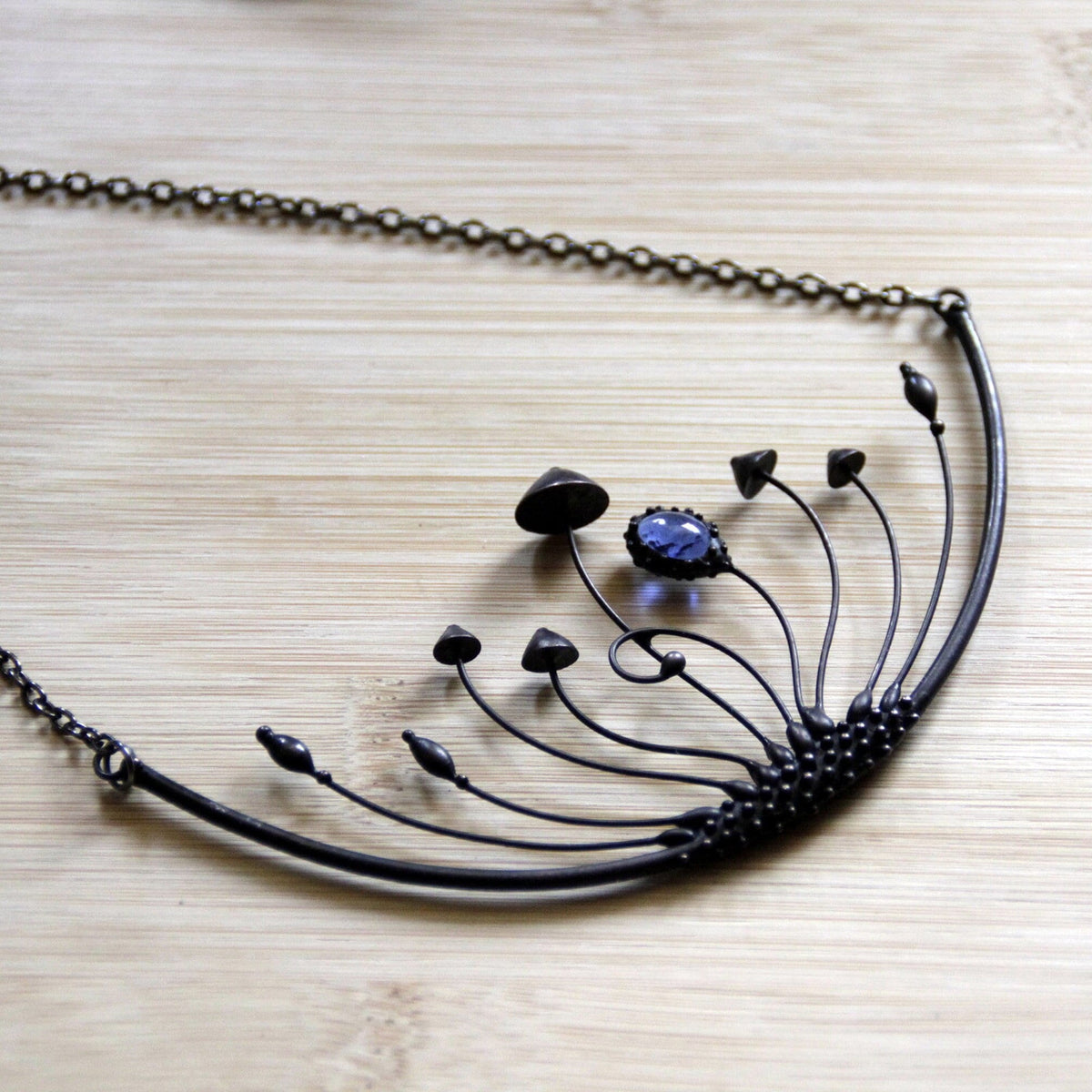 Blue Stained Glass Mushroom Statement Necklace – Blackened Copper