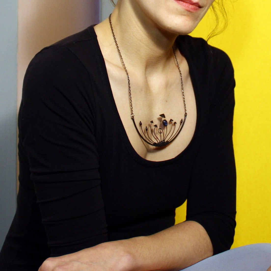 Blue Stained Glass Mushroom Statement Necklace – Blackened Copper
