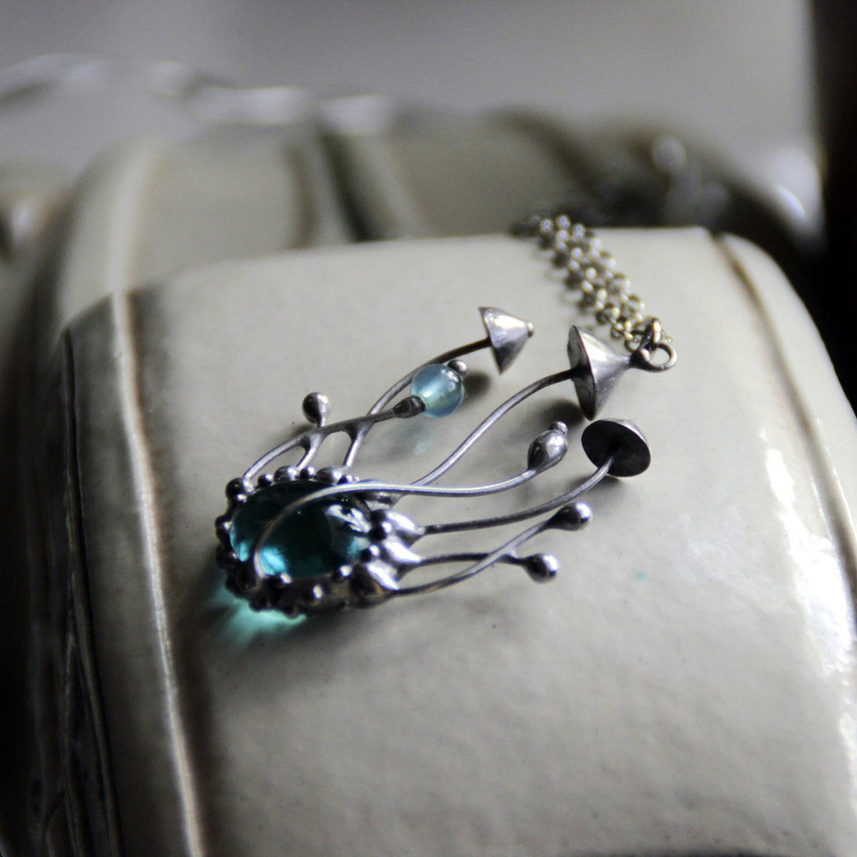 Blue Glass Mushroom Cluster Necklace – Silver Tone
