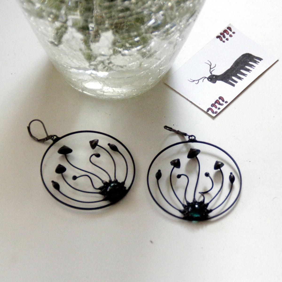 Green Glass Mushroom Trio Hoop Earrings – Blackened Copper