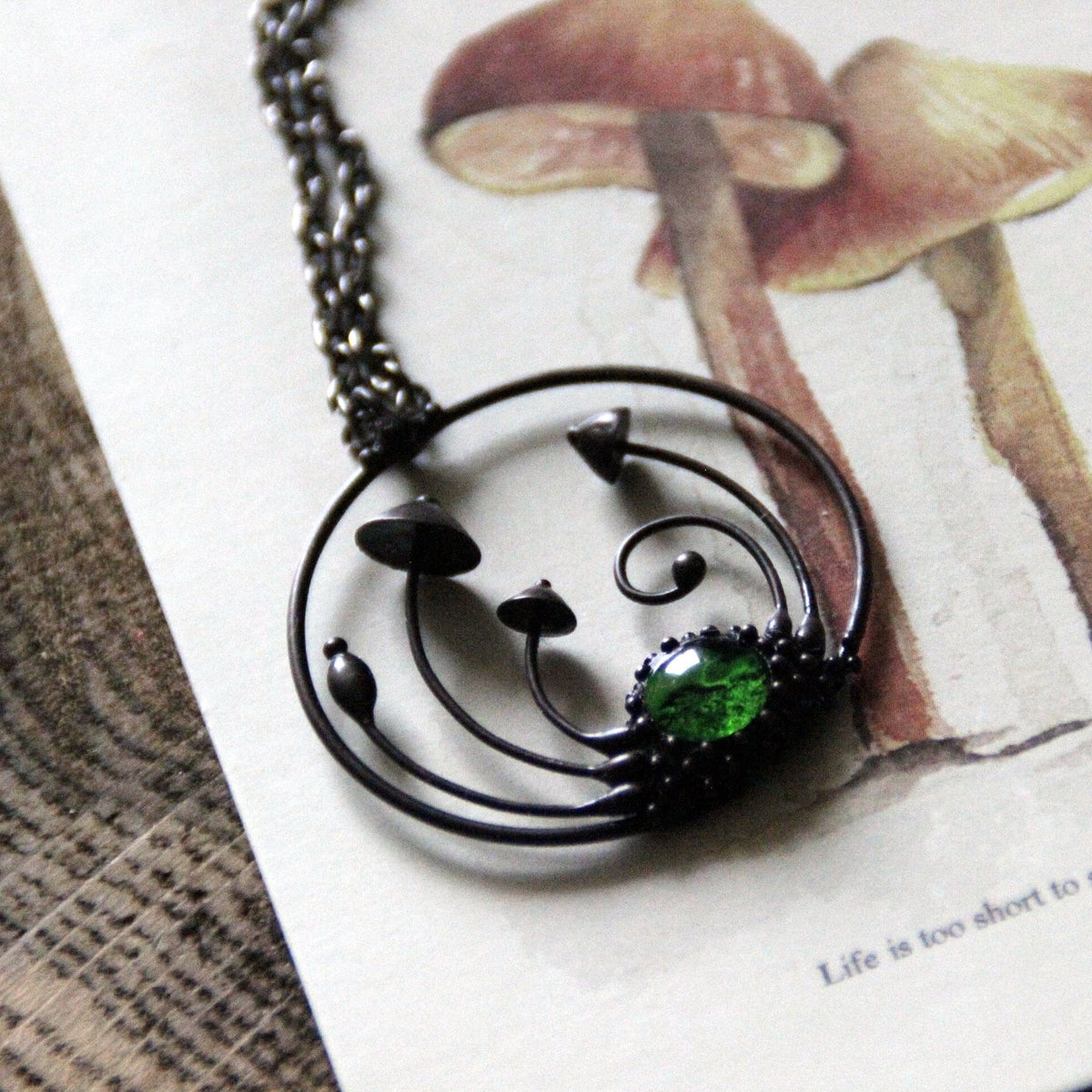Green Stained Glass Mushroom Circle Necklace – Blackened Copper