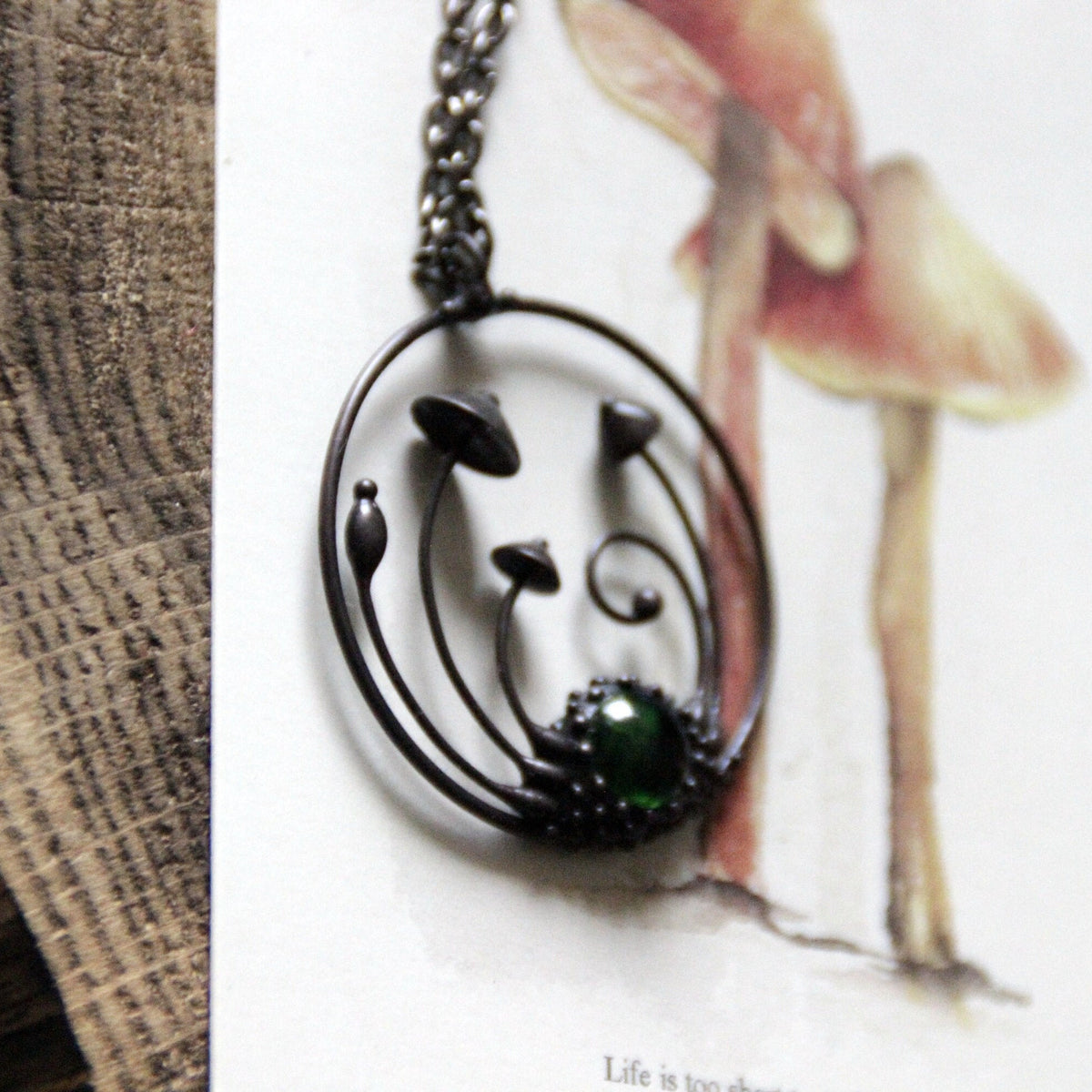 Green Stained Glass Mushroom Circle Necklace – Blackened Copper