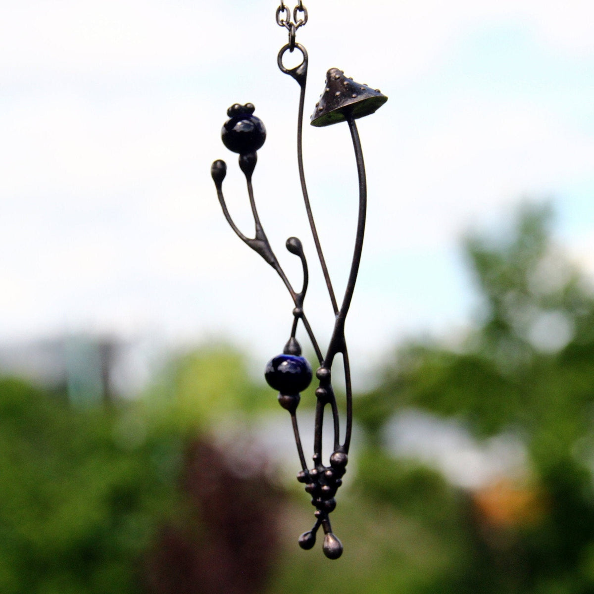 Blue Ceramic Amanita Mushroom Necklace – Blackened Copper