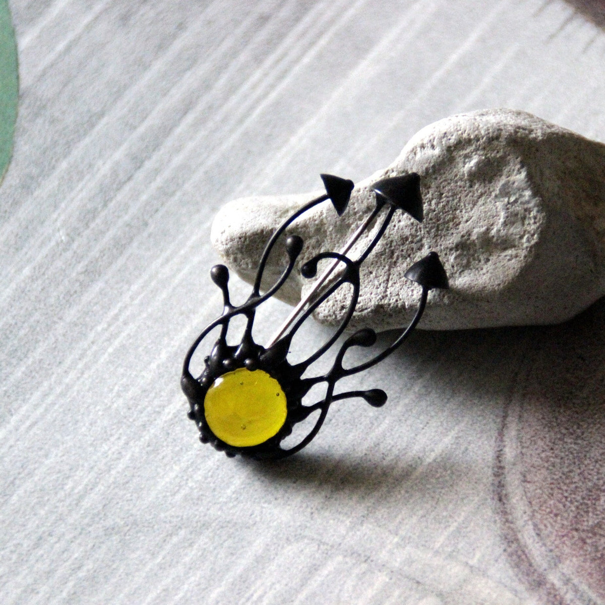 Yellow Glass Mushroom Cluster Brooch – Blackened Copper
