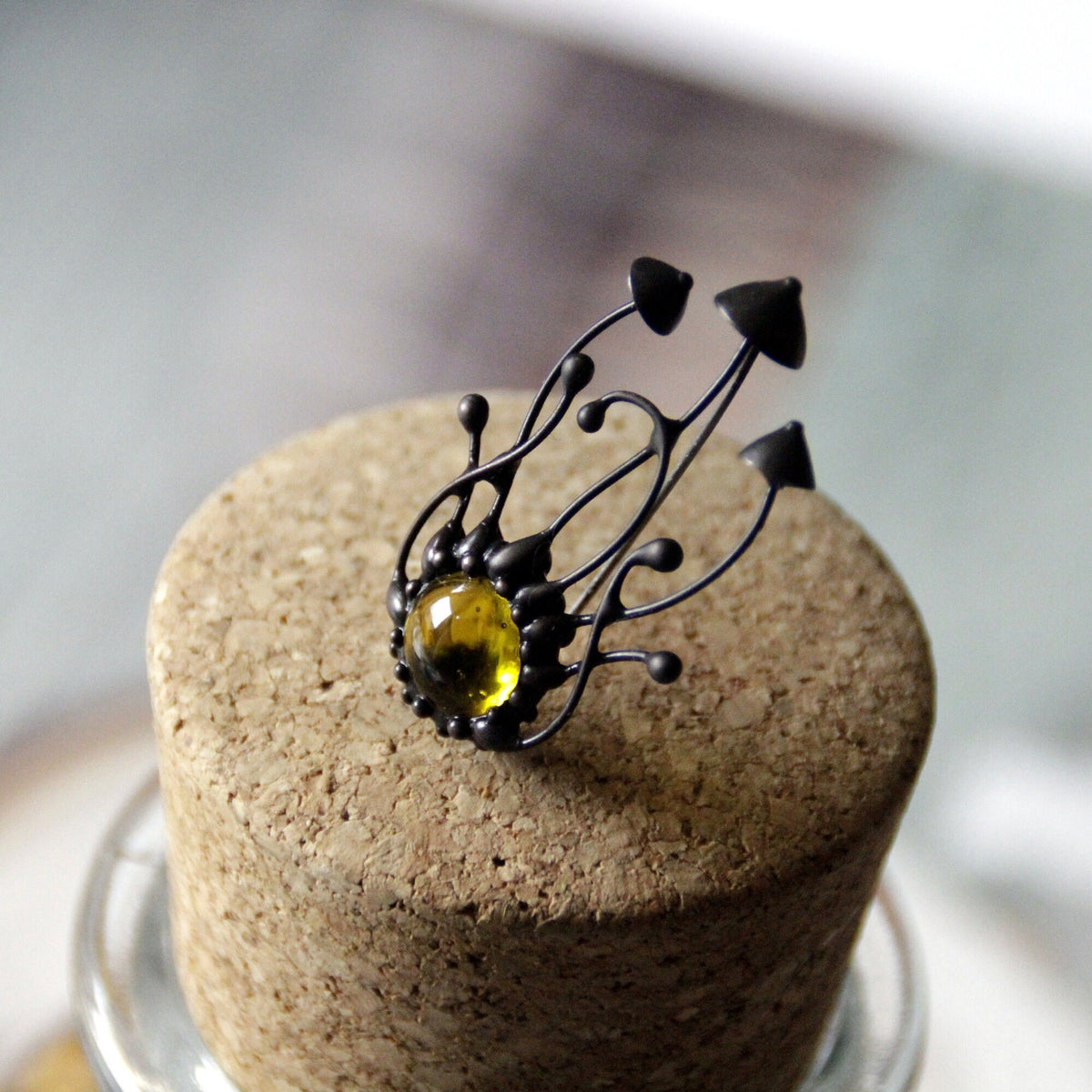 Yellow Glass Mushroom Cluster Brooch – Blackened Copper