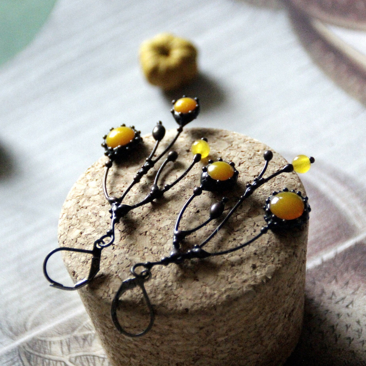 Yellow Glass Asymmetrical Branch Earrings – Blackened Copper