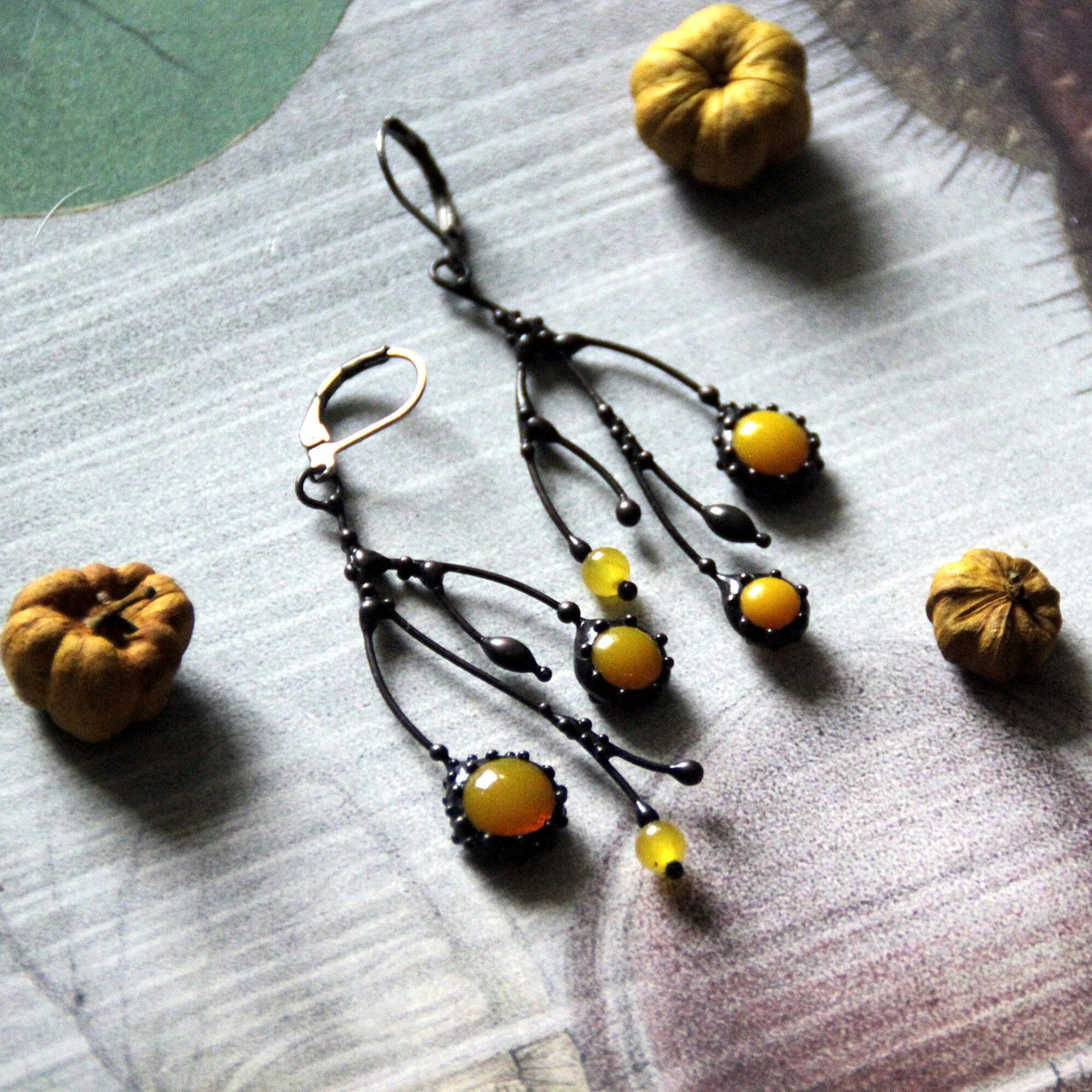 Yellow Glass Asymmetrical Branch Earrings – Blackened Copper