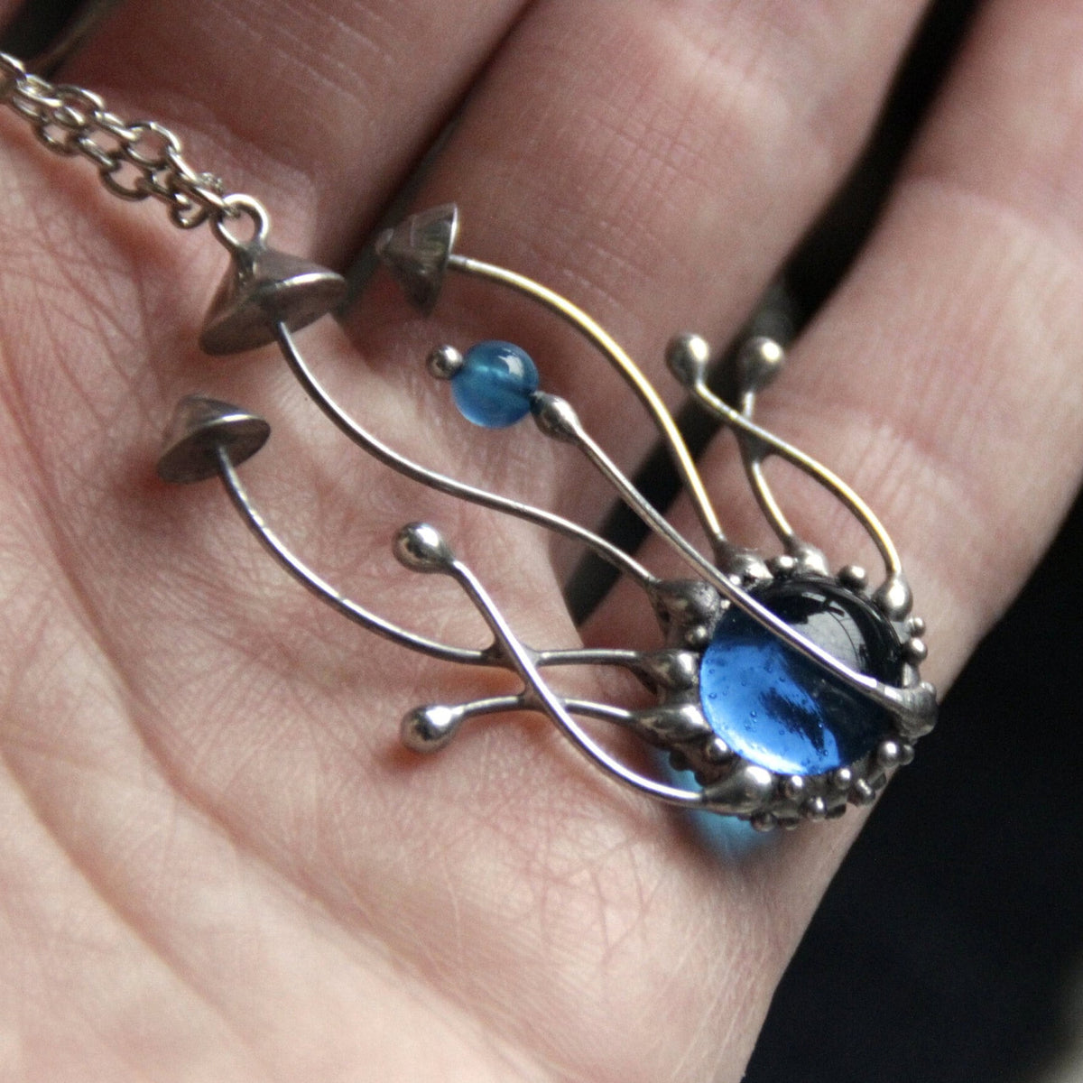 Blue Glass Mushroom Cluster Pendant – Silver Tone