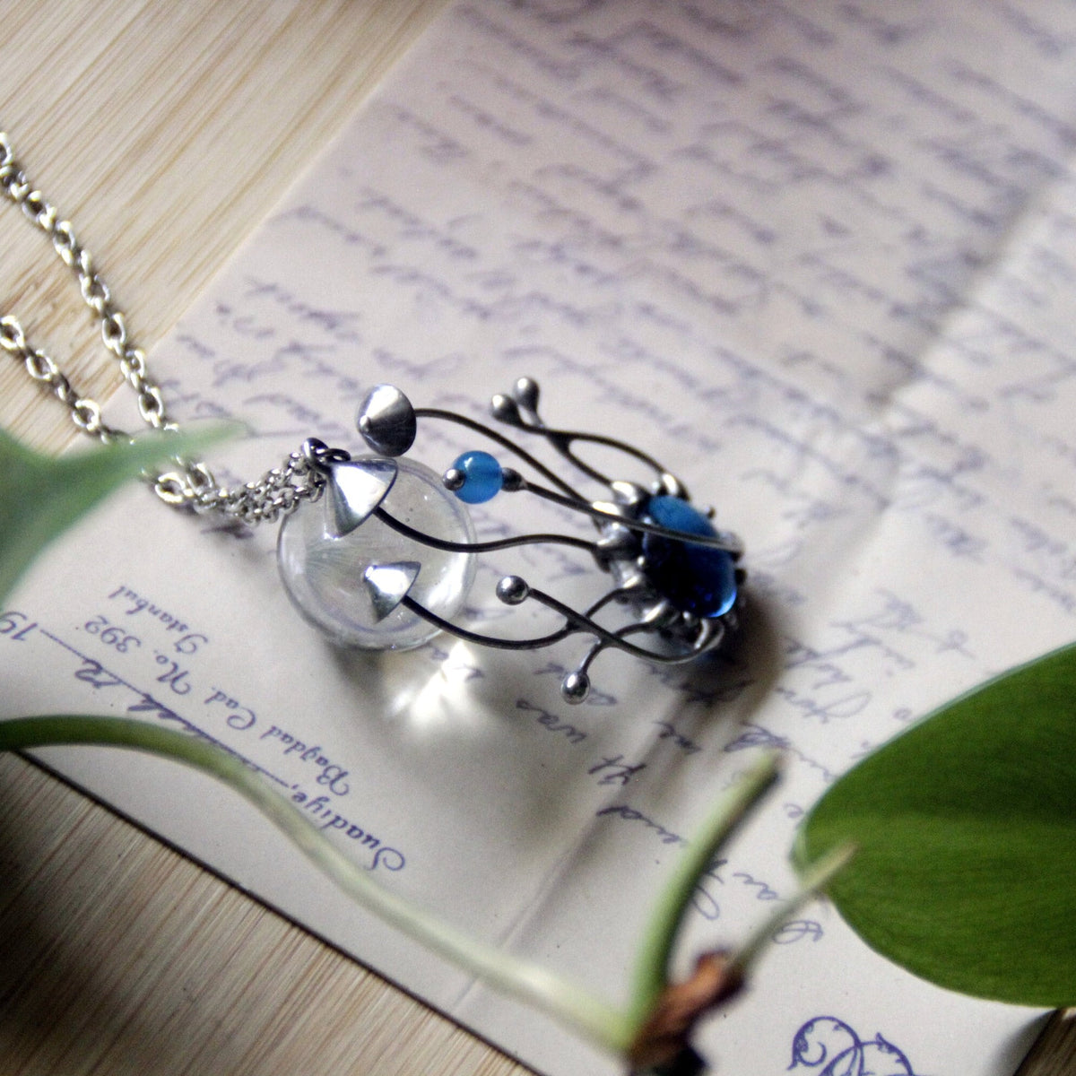 Blue Glass Mushroom Cluster Pendant – Silver Tone