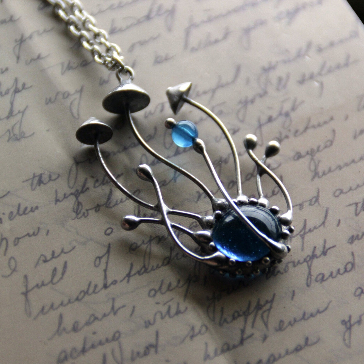 Blue Glass Mushroom Cluster Pendant – Silver Tone