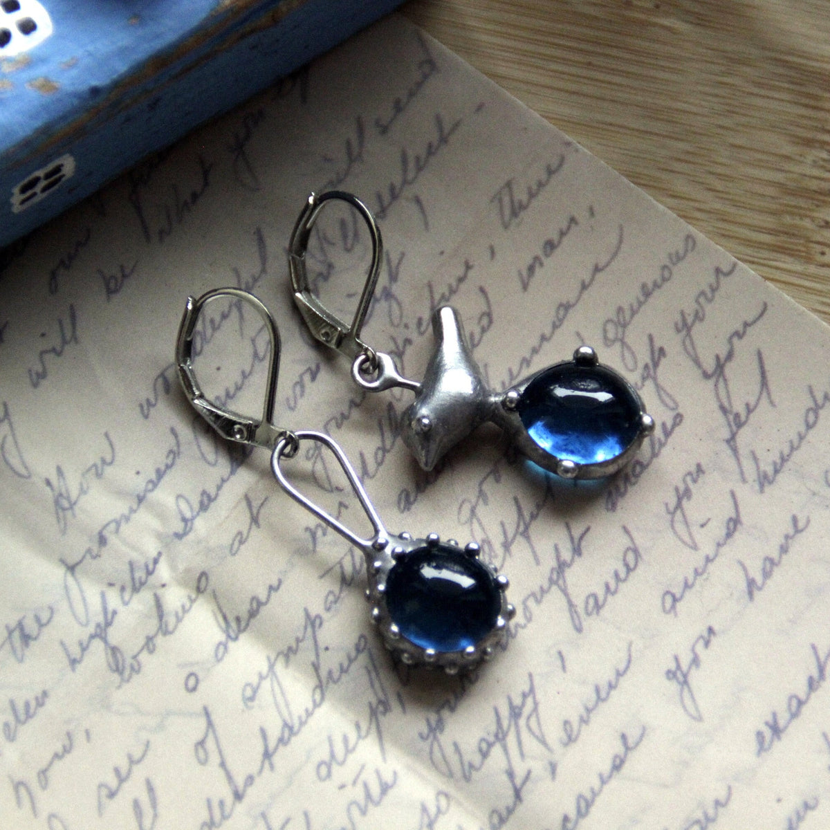Blue Glass Bird Mismatched Earrings – Silver Tone
