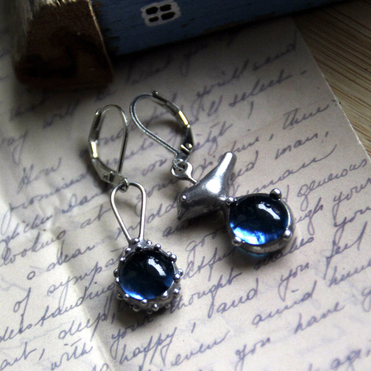 Blue Glass Bird Mismatched Earrings – Silver Tone