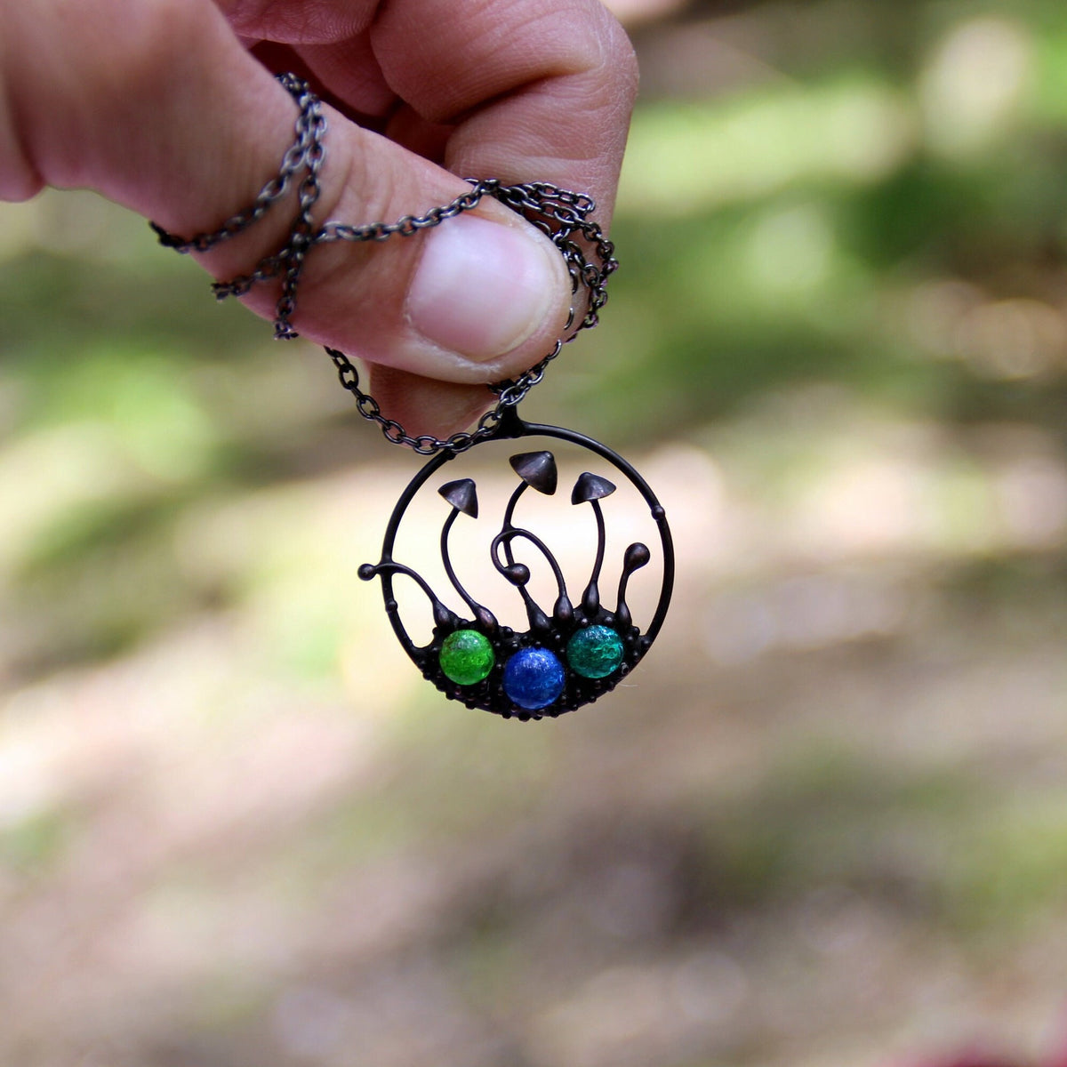 Multicolor Glass Mushroom Necklace – Blackened Copper Round Forest Pendant – Botanical