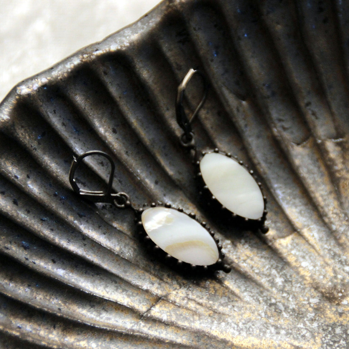 Mother of Pearl Oval Earrings – Blackened Copper