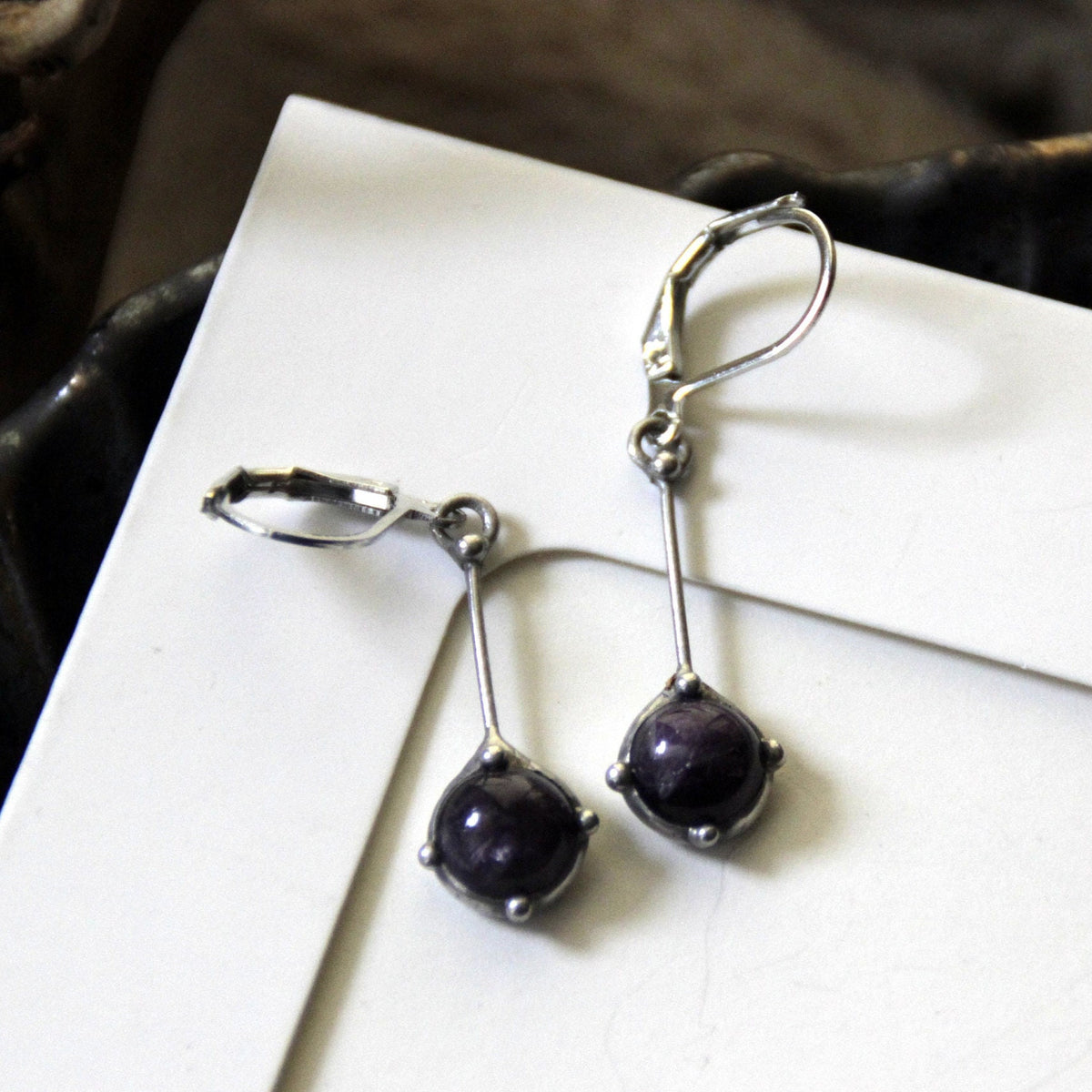 Amethyst Drop Earrings – Silver Tone