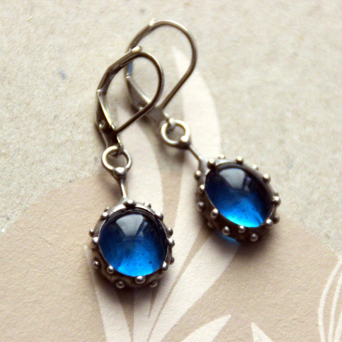Domed Blue Stained Glass Drop Earrings – Silver Tone