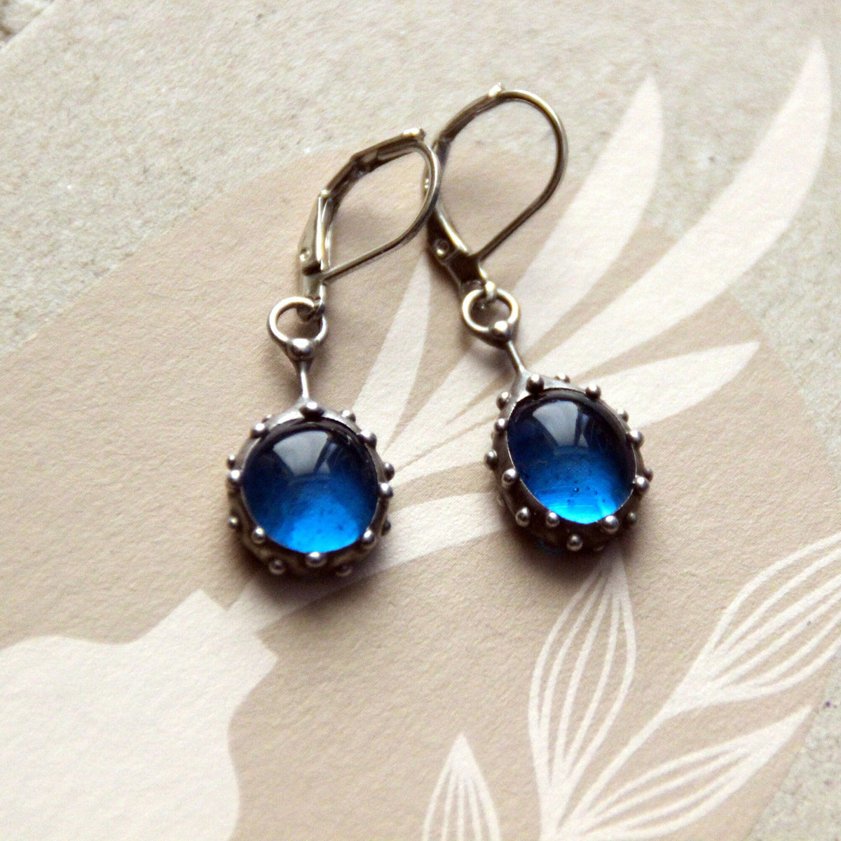 Domed Blue Stained Glass Drop Earrings – Silver Tone