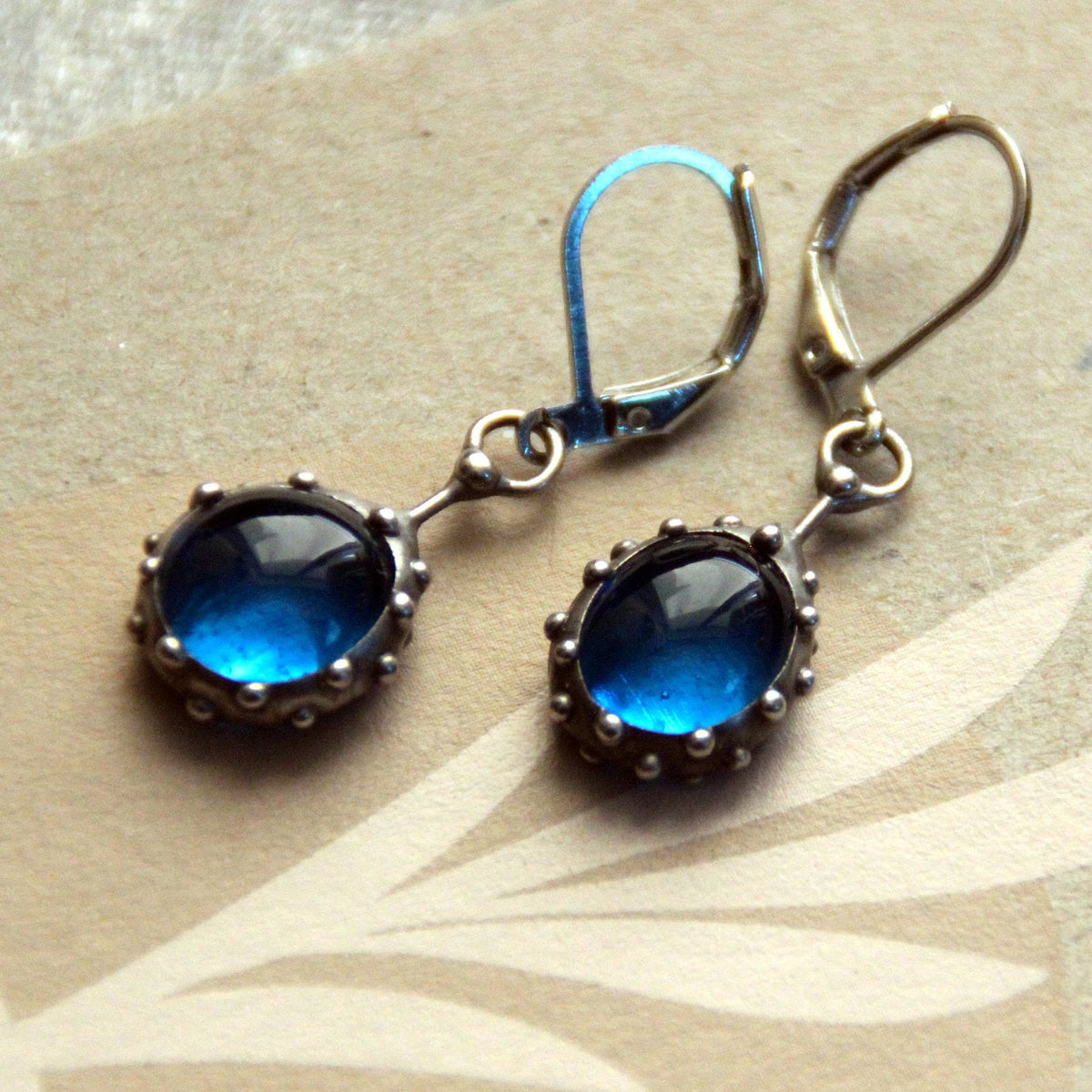 Domed Blue Stained Glass Drop Earrings – Silver Tone