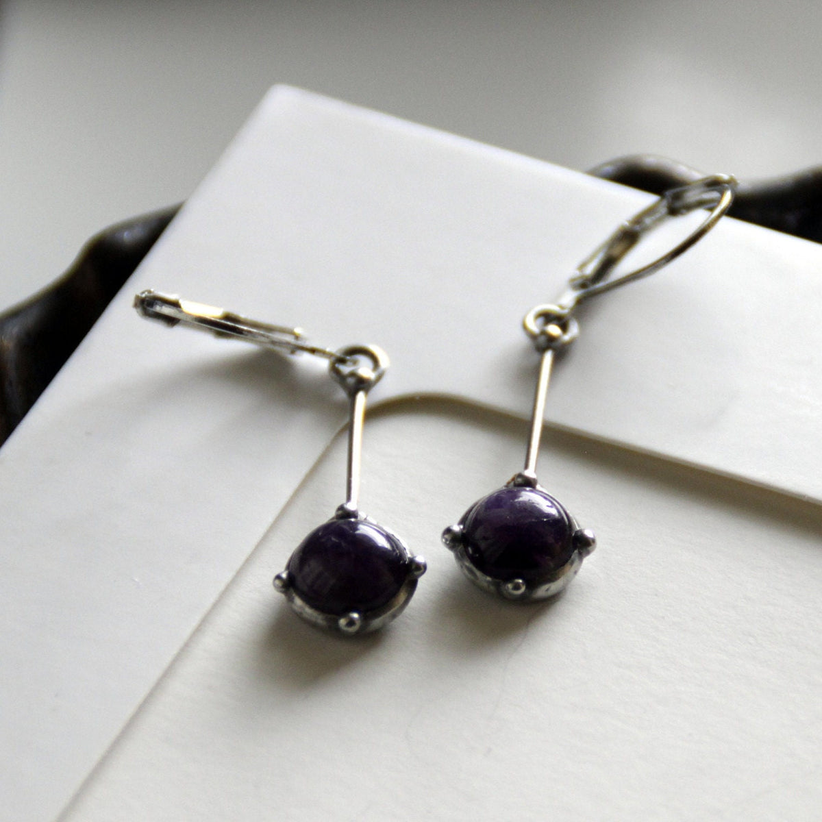 Amethyst Drop Earrings – Silver Tone