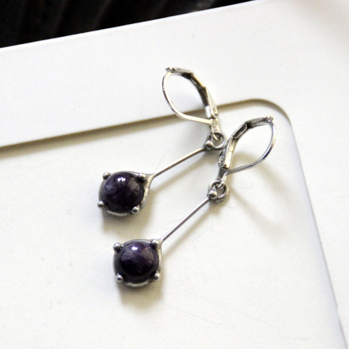 Amethyst Drop Earrings – Silver Tone