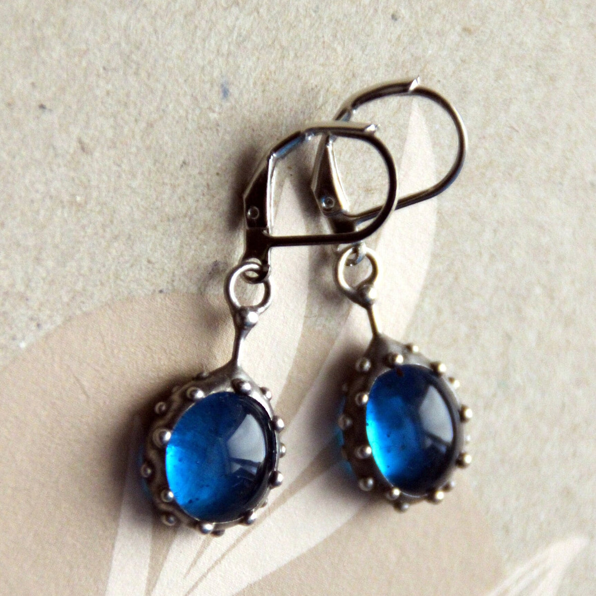 Domed Blue Stained Glass Drop Earrings – Silver Tone