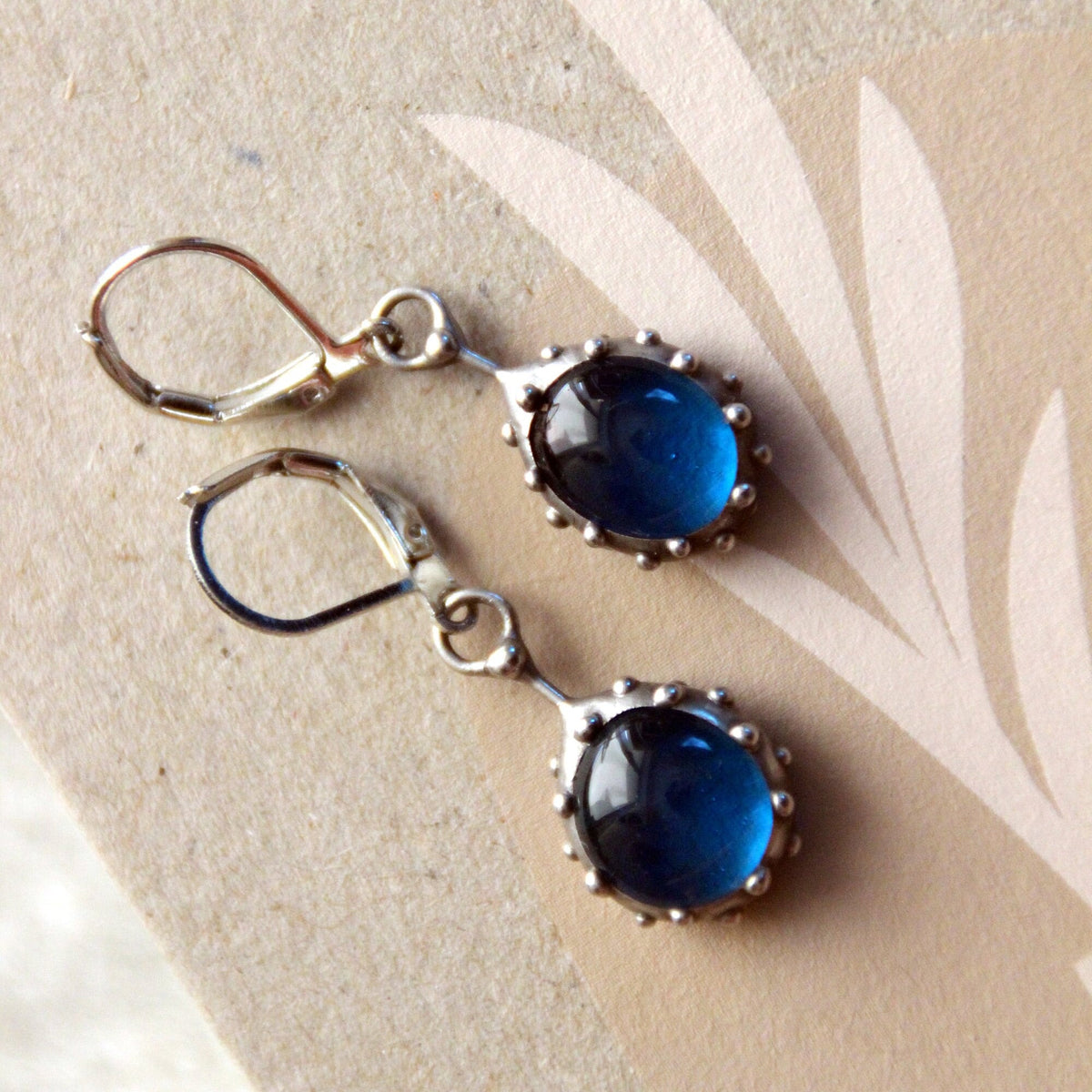 Domed Blue Stained Glass Drop Earrings – Silver Tone