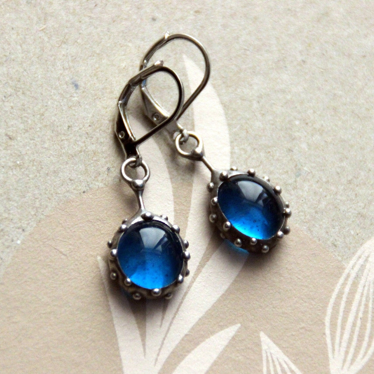 Domed Blue Stained Glass Drop Earrings – Silver Tone