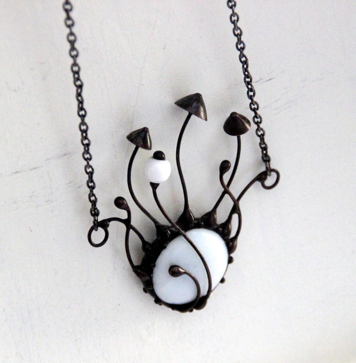 White Glass Mushroom Cluster Necklace – Blackened Copper