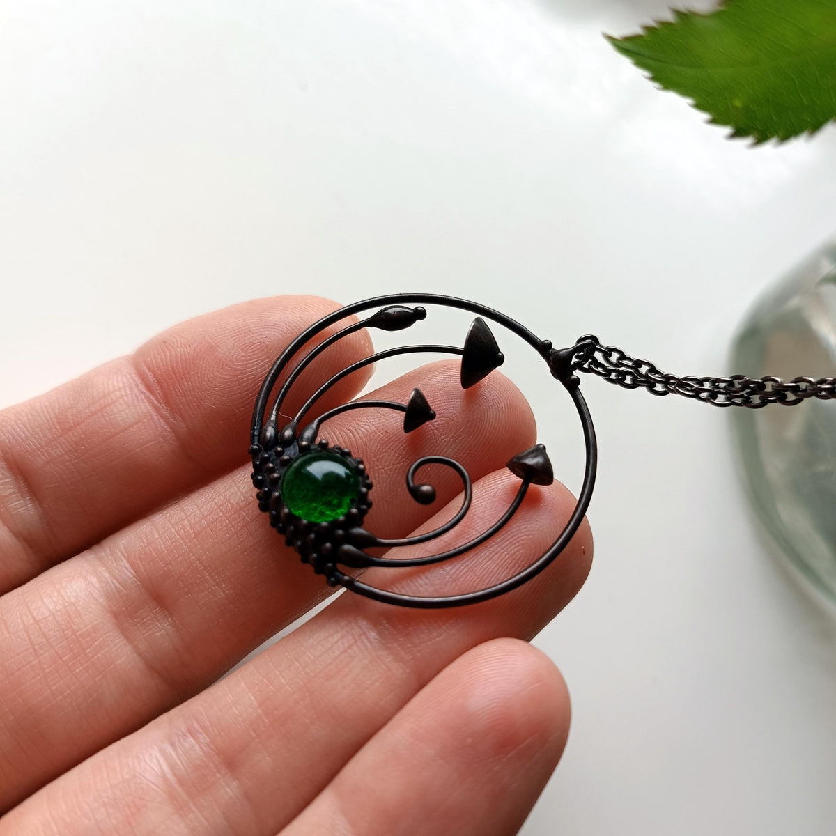 Green Glass Mushroom Circle Necklace – Blackened Copper