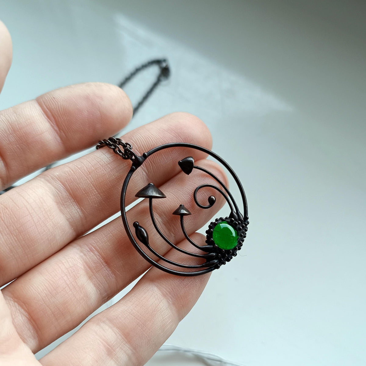 Green Glass Mushroom Circle Necklace – Blackened Copper