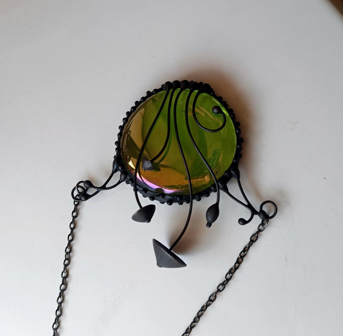 Green Stained Glass Mushroom Statement Necklace – Blackened Copper