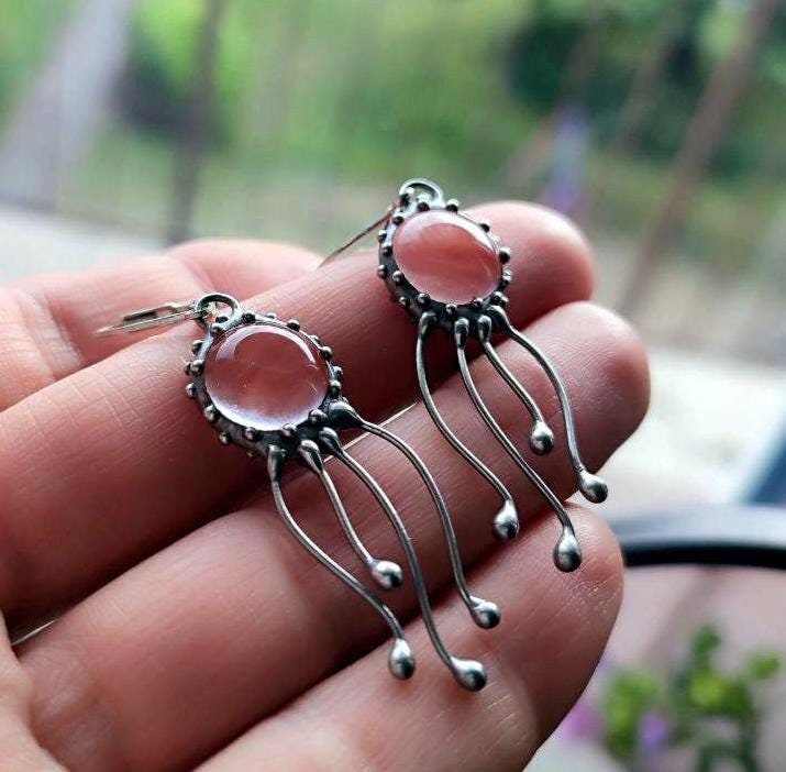 Watermelon Quartz Jellyfish Earrings – Silver Tone
