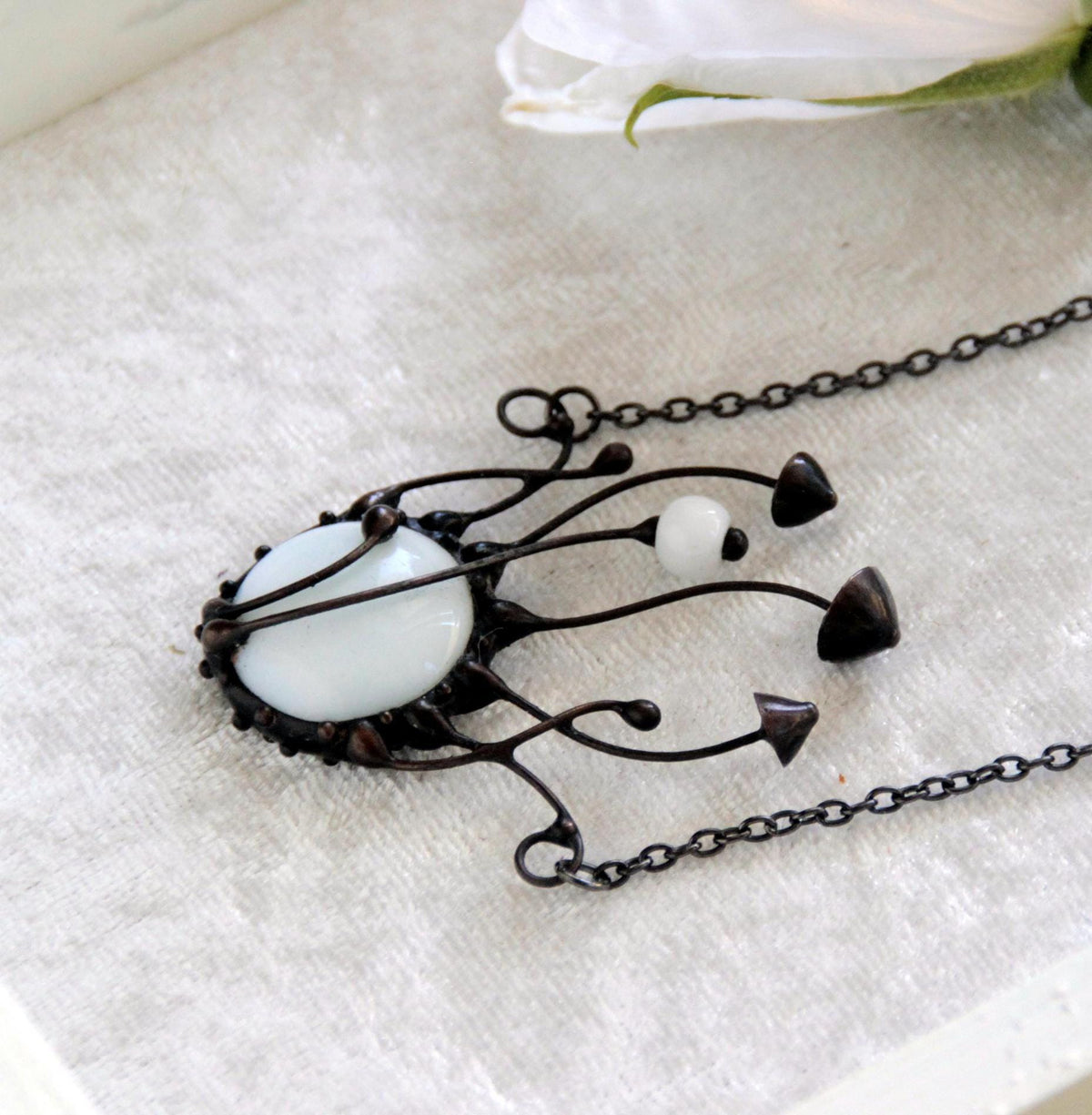 White Glass Mushroom Cluster Necklace – Blackened Copper