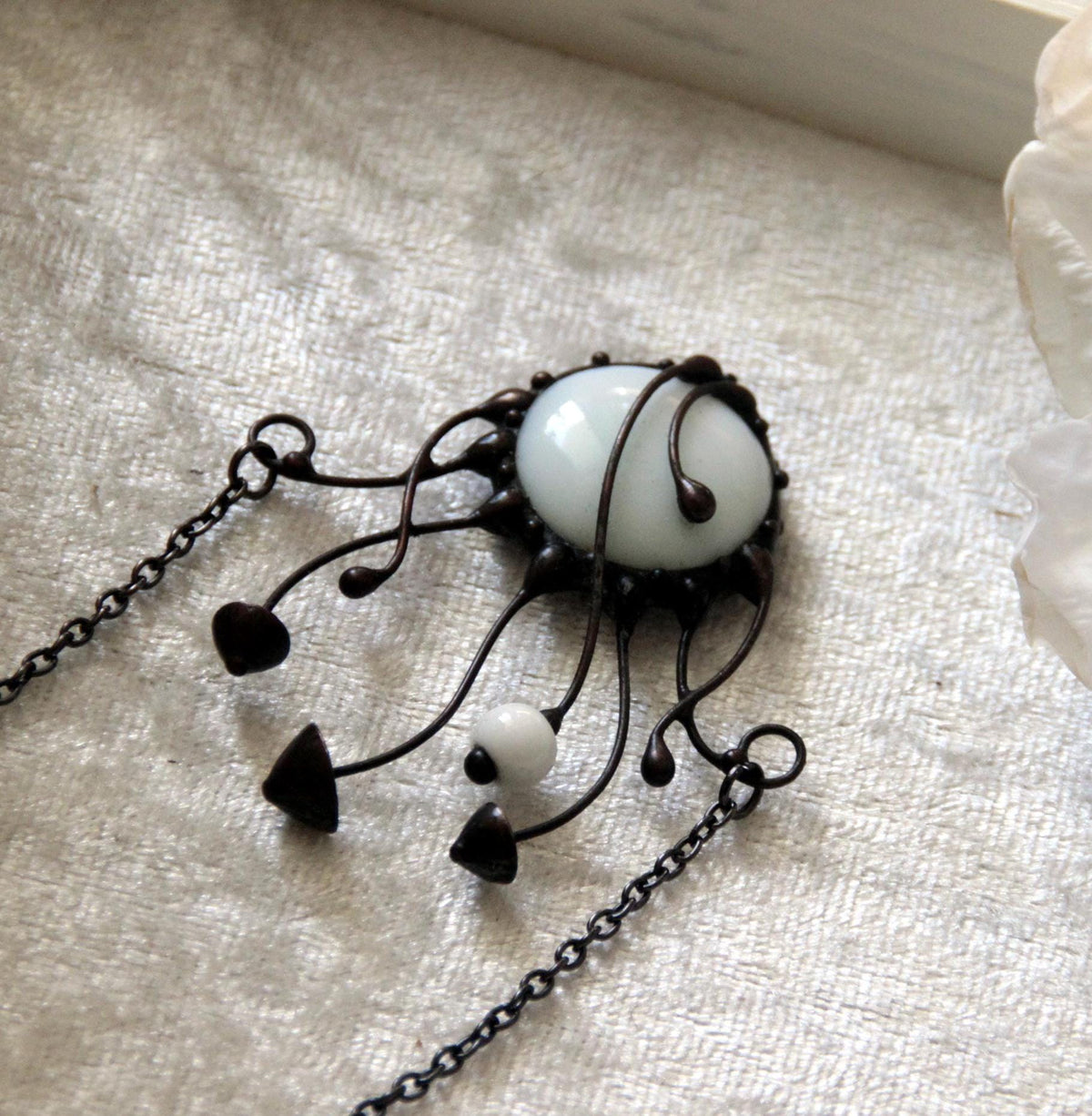 White Glass Mushroom Cluster Necklace – Blackened Copper
