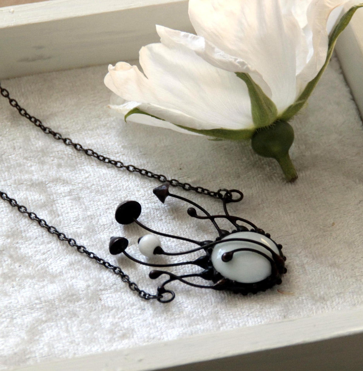 White Glass Mushroom Cluster Necklace – Blackened Copper