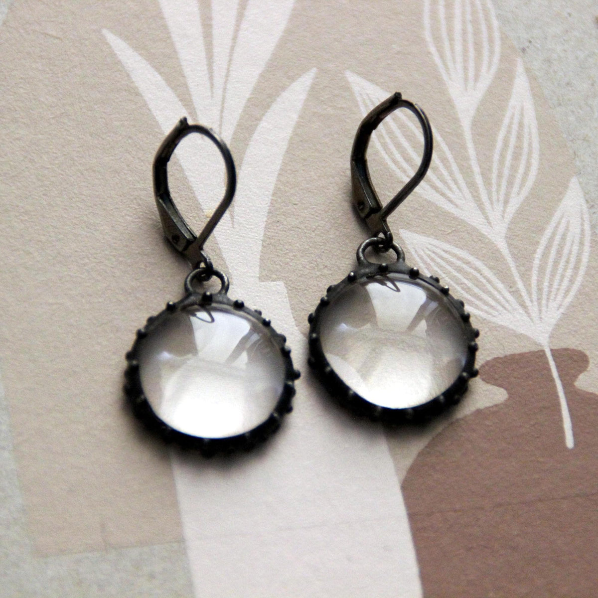 Clear Stained Glass Round Earrings – Blackened Copper
