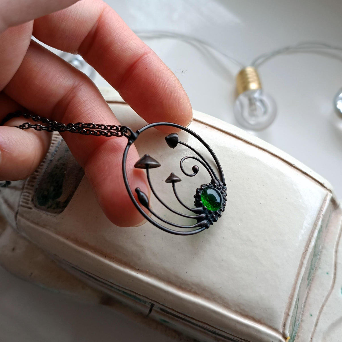 Green Glass Mushroom Circle Necklace – Blackened Copper
