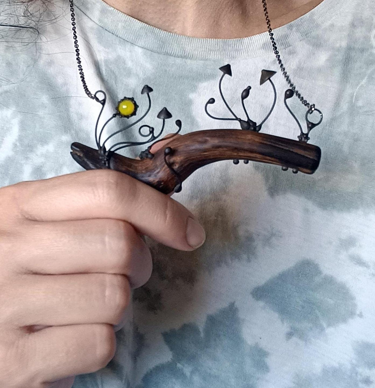 Yellow Glass Mushroom Necklace on Oak Branch – Blackened Copper