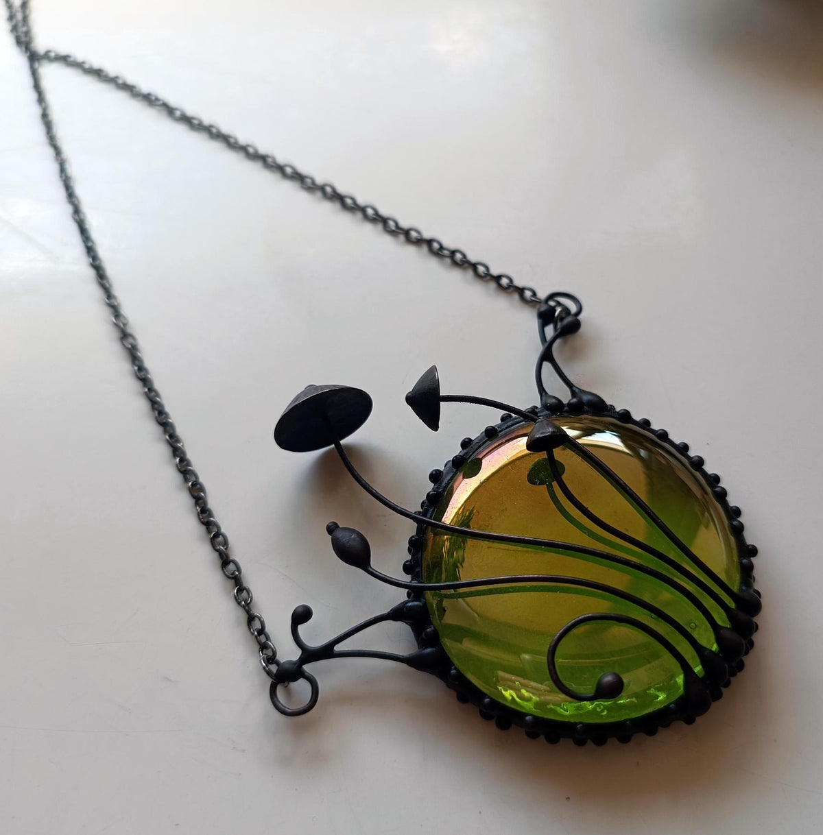 Green Stained Glass Mushroom Statement Necklace – Blackened Copper