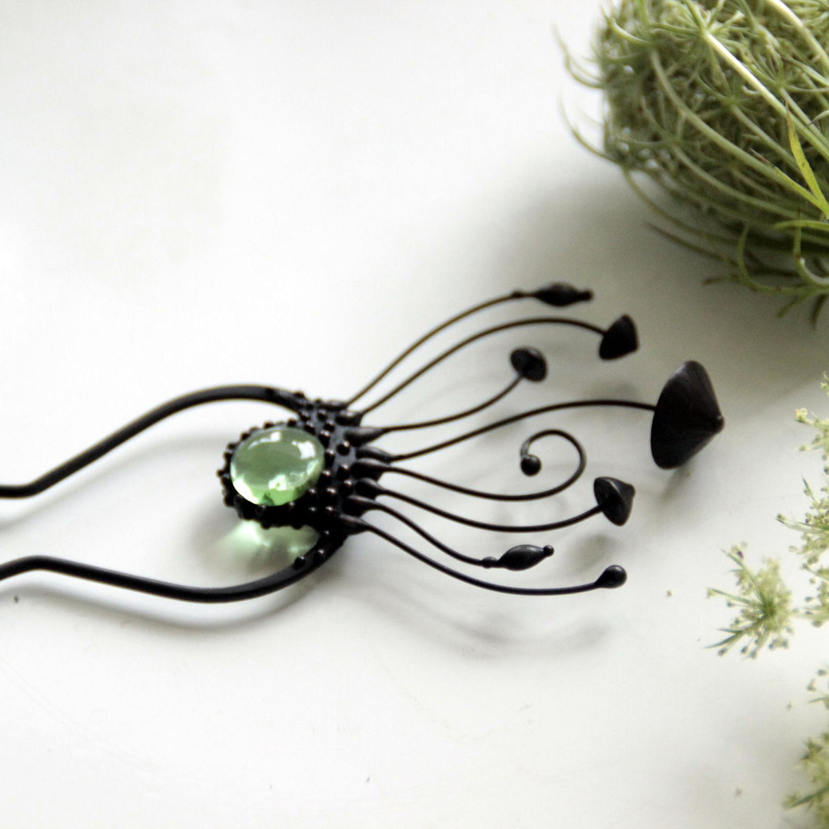 Green Glass Mushroom Hair Pin – Blackened Copper & Pewter Forest
