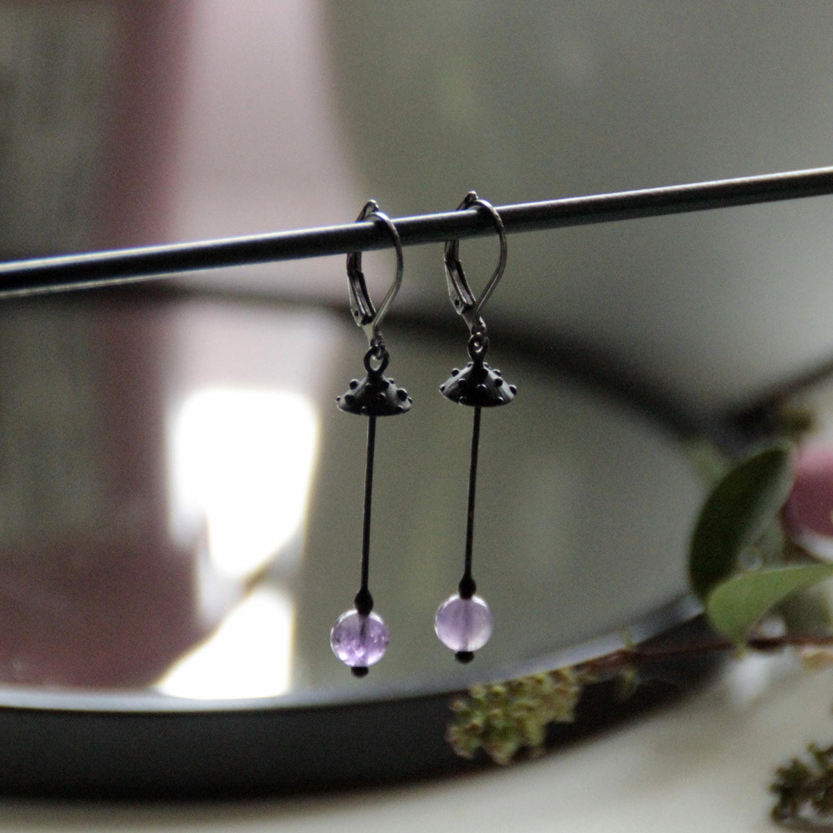 Amethyst Amanita Mushroom Earrings – Blackened Copper