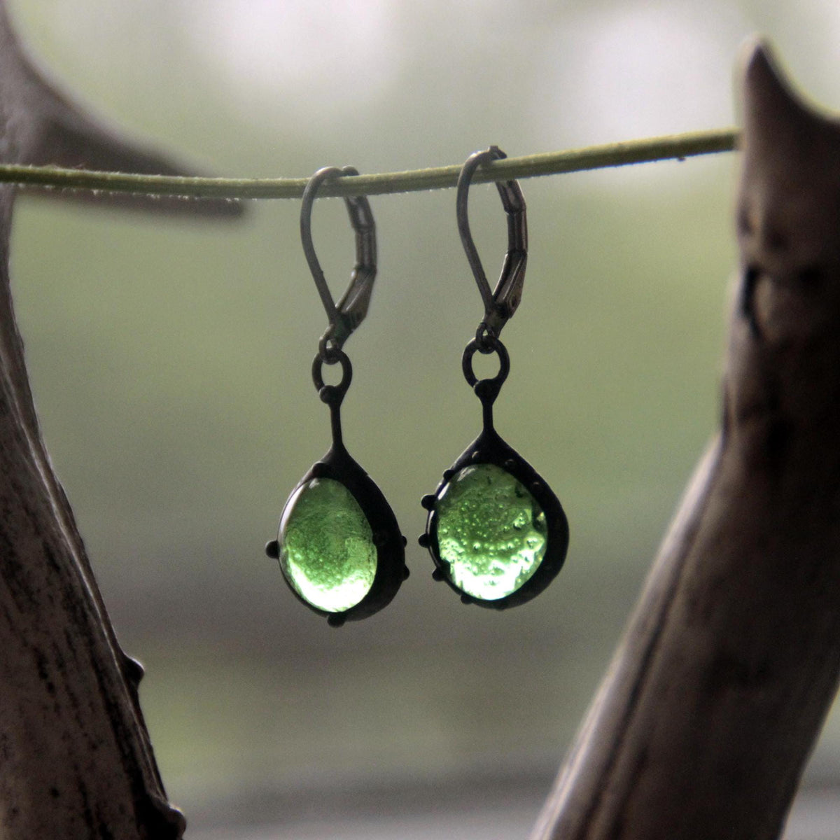Dark Green Stained Glass Teardrop Earrings – Blackened Copper