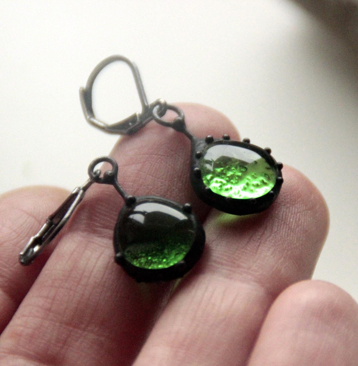 Dark Green Stained Glass Teardrop Earrings – Blackened Copper