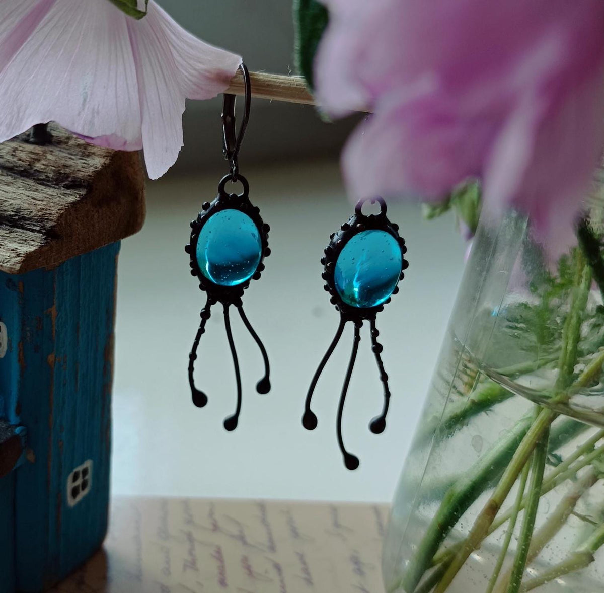 Blue Agate Jellyfish Earrings – Blackened Copper