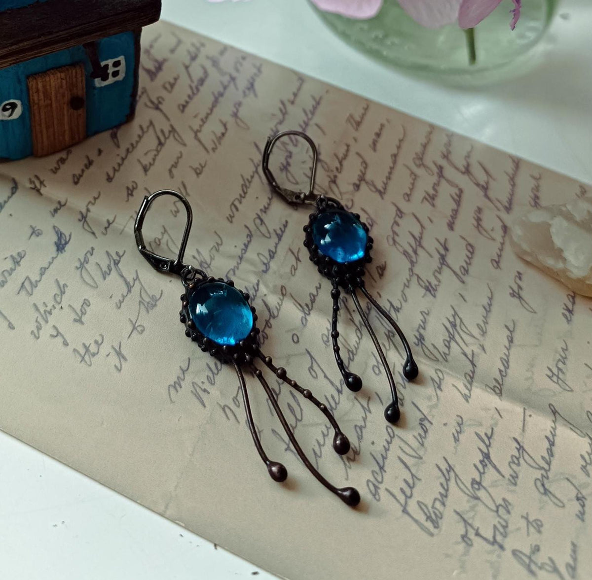 Blue Agate Jellyfish Earrings – Blackened Copper