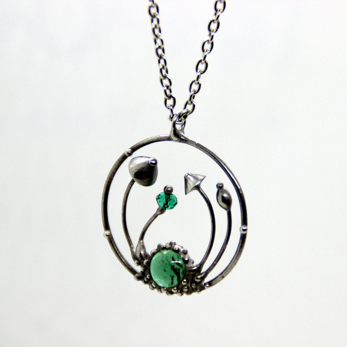 Green Glass Mushroom Necklace – Silver Tone Forest Pendant – Botanical Art Nouveau