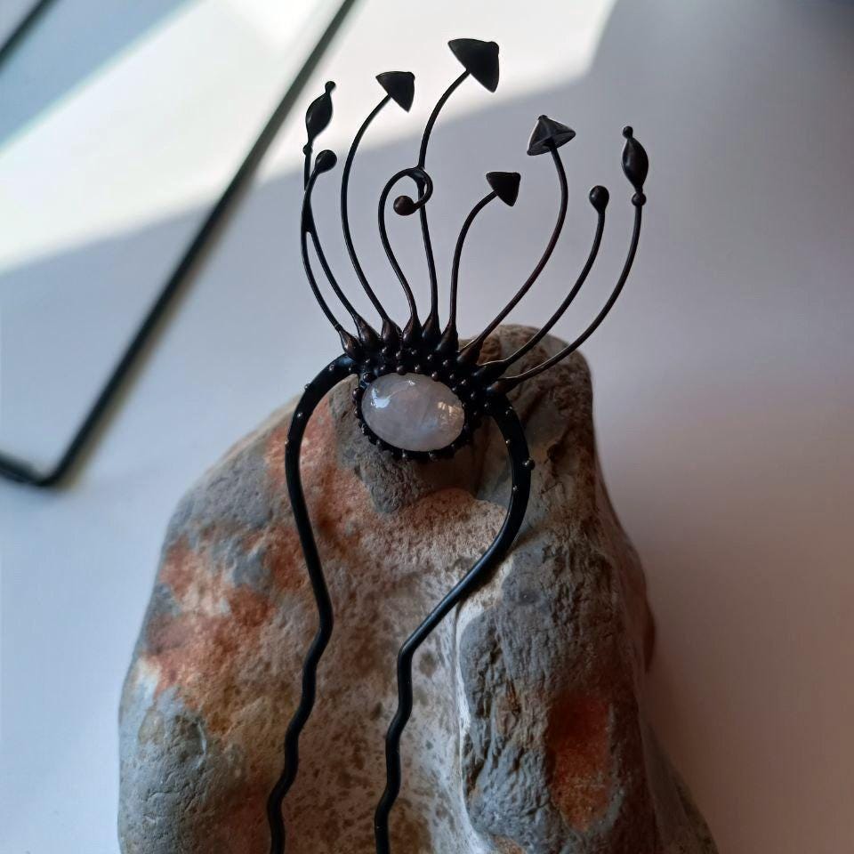Moonstone Mushroom Hair Pin – Blackened Copper