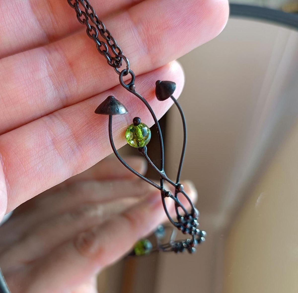 Green Glass Mushroom Pendant Necklace – Blackened Copper & Pewter Forest